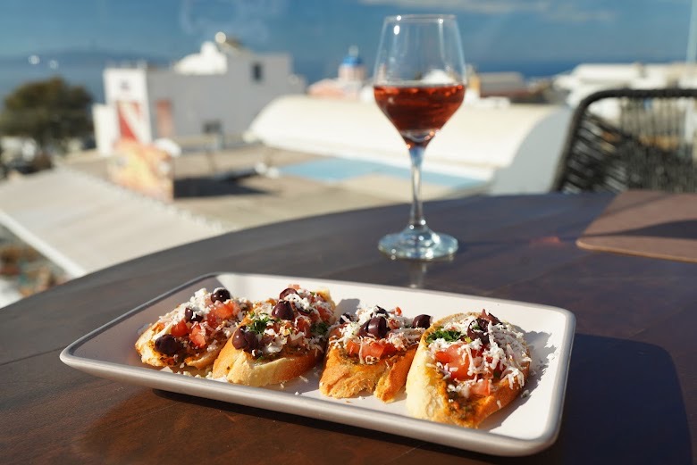 Bruschetta with olives and feta at Tramonto Lounge Santorini